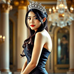 A captivating 23-year-old Asian princess wearing a tight, elegant dress that accentuates her curves, beautifully complemented by a sparkling tiara perched atop her head