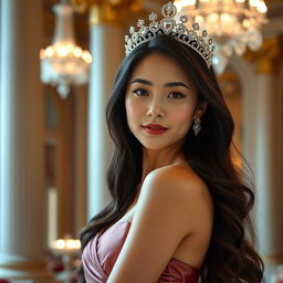 A captivating 23-year-old Asian princess wearing a tight, elegant dress that accentuates her curves, beautifully complemented by a sparkling tiara perched atop her head