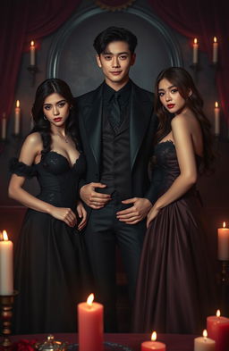 A captivating scene featuring two beautiful women, dressed in elegant, dark, Gothic-inspired outfits, standing beside a handsome male figure resembling Jungkook, with striking features and a charming smile