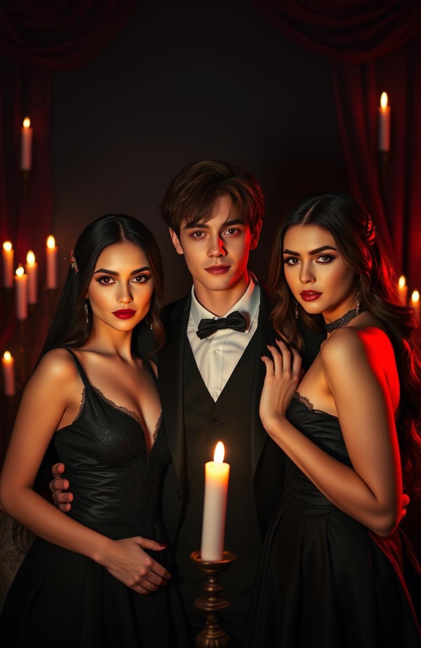 A captivating scene featuring two beautiful women, dressed in elegant, dark, Gothic-inspired outfits, standing beside a handsome male figure resembling Jungkook, with striking features and a charming smile