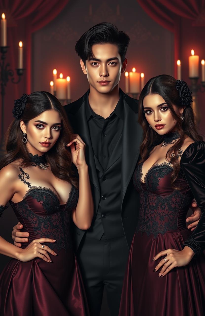 A captivating scene featuring two beautiful women, dressed in elegant, dark, Gothic-inspired outfits, standing beside a handsome male figure resembling Jungkook, with striking features and a charming smile