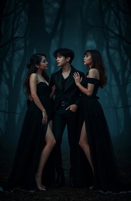 A dark romance scene featuring two pretty women in elegant, flowing black dresses, standing closely beside Jungkook from BTS, who is dressed in a stylish and edgy outfit