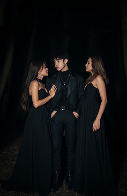 A dark romance scene featuring two pretty women in elegant, flowing black dresses, standing closely beside Jungkook from BTS, who is dressed in a stylish and edgy outfit