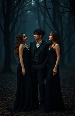 A dark romance scene featuring two pretty women in elegant, flowing black dresses, standing closely beside Jungkook from BTS, who is dressed in a stylish and edgy outfit