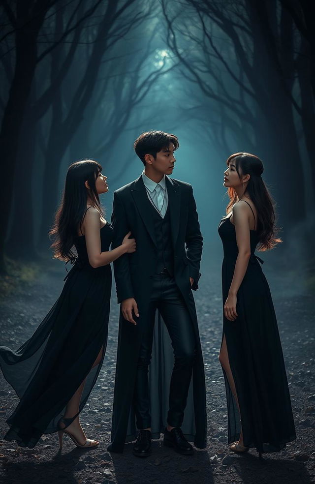 A dark romance scene featuring two pretty women in elegant, flowing black dresses, standing closely beside Jungkook from BTS, who is dressed in a stylish and edgy outfit