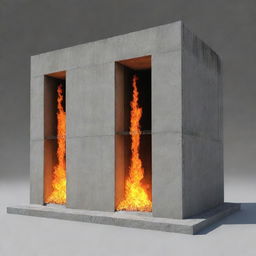 A vivid graphical representation of a concrete building consumed by fire, with thermocouples attached to its structure showing temperature readings under the intense heat.