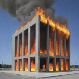 A vivid graphical representation of a concrete building consumed by fire, with thermocouples attached to its structure showing temperature readings under the intense heat.