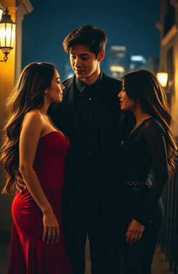 A tall, handsome young man resembling Jungkook stands confidently between two beautiful women, both gazing adoringly at him with expressions of love and desire