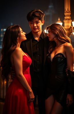 A tall, handsome young man resembling Jungkook stands confidently between two beautiful women, both gazing adoringly at him with expressions of love and desire