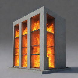 A vivid graphical representation of a concrete building consumed by fire, with thermocouples attached to its structure showing temperature readings under the intense heat.