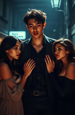 A captivating scene depicting Jungkook, a tall and handsome young man, surrounded by two beautiful women who are clearly falling in love with him
