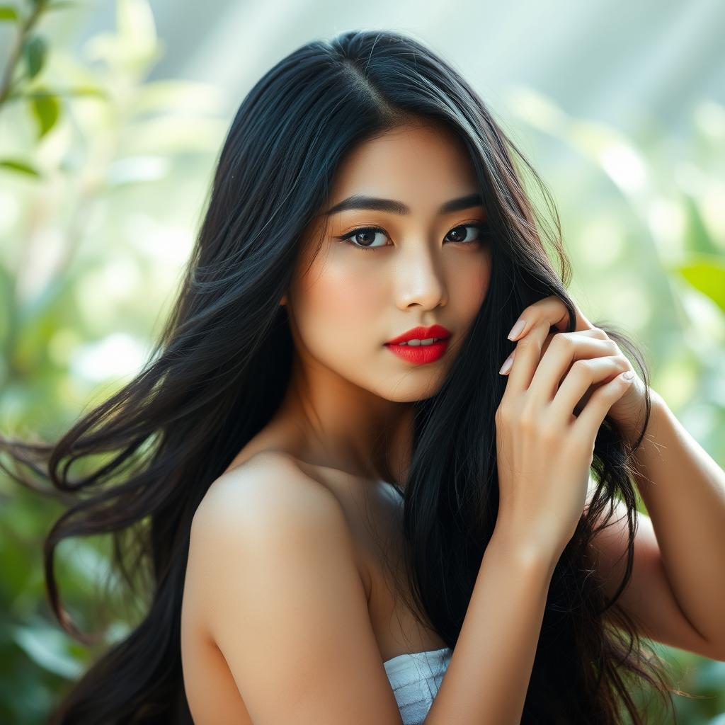 A stunningly beautiful Asian woman with long, flowing black hair gracefully posed in an artistic manner, celebrating her natural beauty