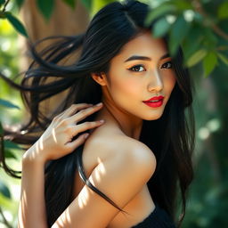 A stunningly beautiful Asian woman with long, flowing black hair gracefully posed in an artistic manner, celebrating her natural beauty