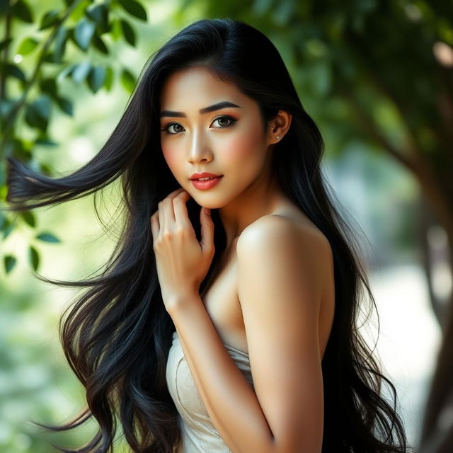 A stunningly beautiful Asian woman with long, flowing black hair gracefully posed in an artistic manner, celebrating her natural beauty