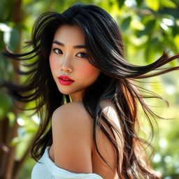 A stunningly beautiful Asian woman with long, flowing black hair gracefully posed in an artistic manner, celebrating her natural beauty