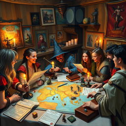 A vibrant and adventurous scene depicting a group of friends engaged in a lively Dungeons & Dragons game session around a table covered with fantasy-themed game materials: character sheets, dice, and miniatures