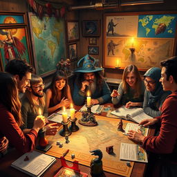 A vibrant and adventurous scene depicting a group of friends engaged in a lively Dungeons & Dragons game session around a table covered with fantasy-themed game materials: character sheets, dice, and miniatures