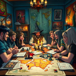 A vibrant and adventurous scene depicting a group of friends engaged in a lively Dungeons & Dragons game session around a table covered with fantasy-themed game materials: character sheets, dice, and miniatures