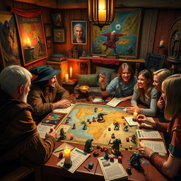 A vibrant and adventurous scene depicting a group of friends engaged in a lively Dungeons & Dragons game session around a table covered with fantasy-themed game materials: character sheets, dice, and miniatures