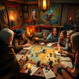 A vibrant and adventurous scene depicting a group of friends engaged in a lively Dungeons & Dragons game session around a table covered with fantasy-themed game materials: character sheets, dice, and miniatures