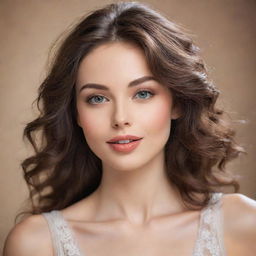 An elegant and charming woman, radiant with beauty, possessing a sense of grace and tranquility. Her eyes are expressive and lively, lips are shaped in a soft smile and her hair is gently flowing.