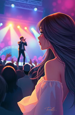 A dramatic scene depicting a beautiful woman with flowing hair and an expression of longing as she gazes at the charismatic singer Jungkook, who is performing on stage under colorful lights