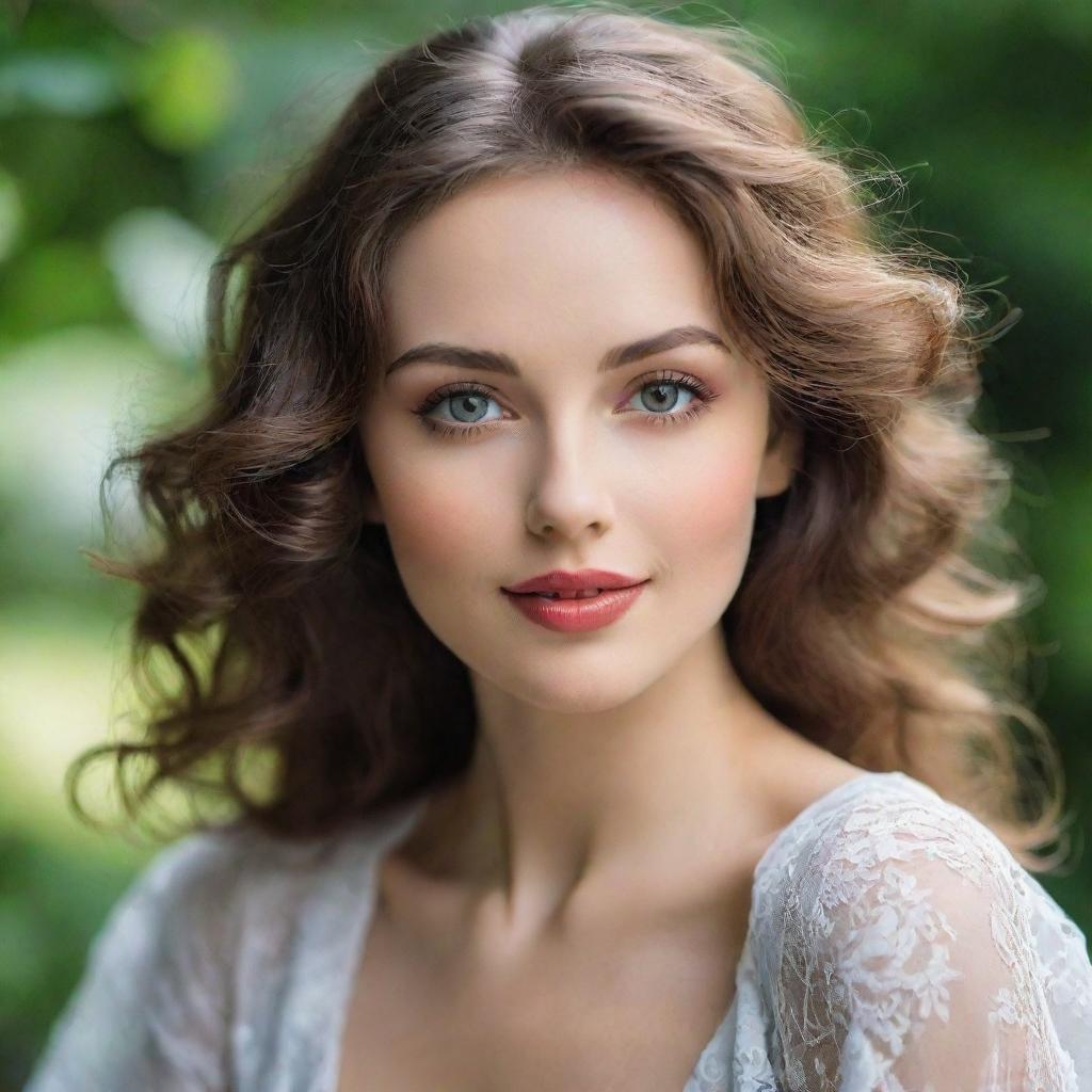 An elegant and charming woman, radiant with beauty, possessing a sense of grace and tranquility. Her eyes are expressive and lively, lips are shaped in a soft smile and her hair is gently flowing.