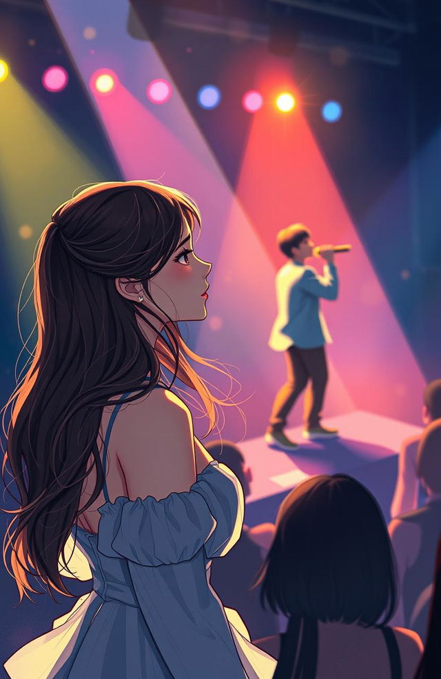 A dramatic scene depicting a beautiful woman with flowing hair and an expression of longing as she gazes at the charismatic singer Jungkook, who is performing on stage under colorful lights