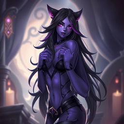 A captivating and seductive character inspired by Evelynn from League of Legends, featuring her iconic purple skin and alluring outfit