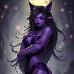 A captivating and seductive character inspired by Evelynn from League of Legends, featuring her iconic purple skin and alluring outfit