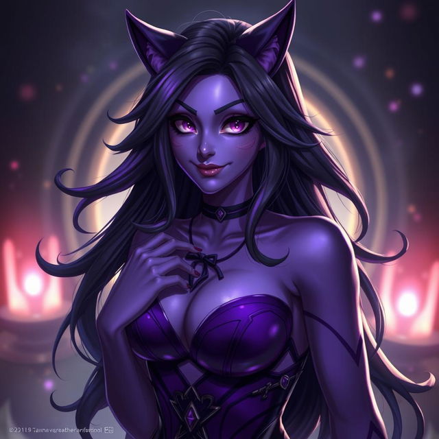 A captivating and seductive character inspired by Evelynn from League of Legends, featuring her iconic purple skin and alluring outfit