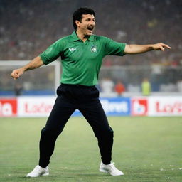 A lighthearted picture of Ali Daei, the famous Iranian footballer, dancing joyfully, expressing his charismatic personality and athletic agility