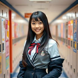 An attractive Chinese female student in a stylish school uniform, radiating confidence and charm