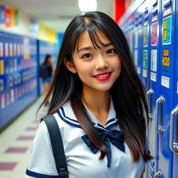 An attractive Chinese female student in a stylish school uniform, radiating confidence and charm