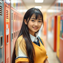 An attractive Chinese female student in a stylish school uniform, radiating confidence and charm