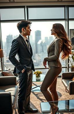 A romantic and intriguing office scene featuring a handsome man resembling a popular K-pop idol, wearing a tailored suit, engaged in a flirtatious interaction with a beautiful woman who has long flowing hair and an elegant outfit