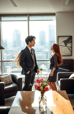 A romantic and intriguing office scene featuring a handsome man resembling a popular K-pop idol, wearing a tailored suit, engaged in a flirtatious interaction with a beautiful woman who has long flowing hair and an elegant outfit