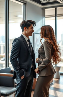 A romantic and intriguing office scene featuring a handsome man resembling a popular K-pop idol, wearing a tailored suit, engaged in a flirtatious interaction with a beautiful woman who has long flowing hair and an elegant outfit