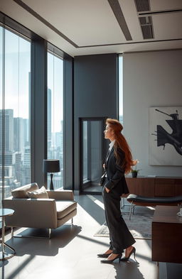 A romantic and intriguing office scene featuring a handsome man resembling a popular K-pop idol, wearing a tailored suit, engaged in a flirtatious interaction with a beautiful woman who has long flowing hair and an elegant outfit