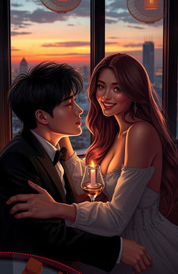 A dramatic and romantic scene depicting a love affair featuring a handsome, charismatic Asian man who resembles Jungkook from BTS, and a beautiful, stylish woman with long flowing hair and an enchanting smile