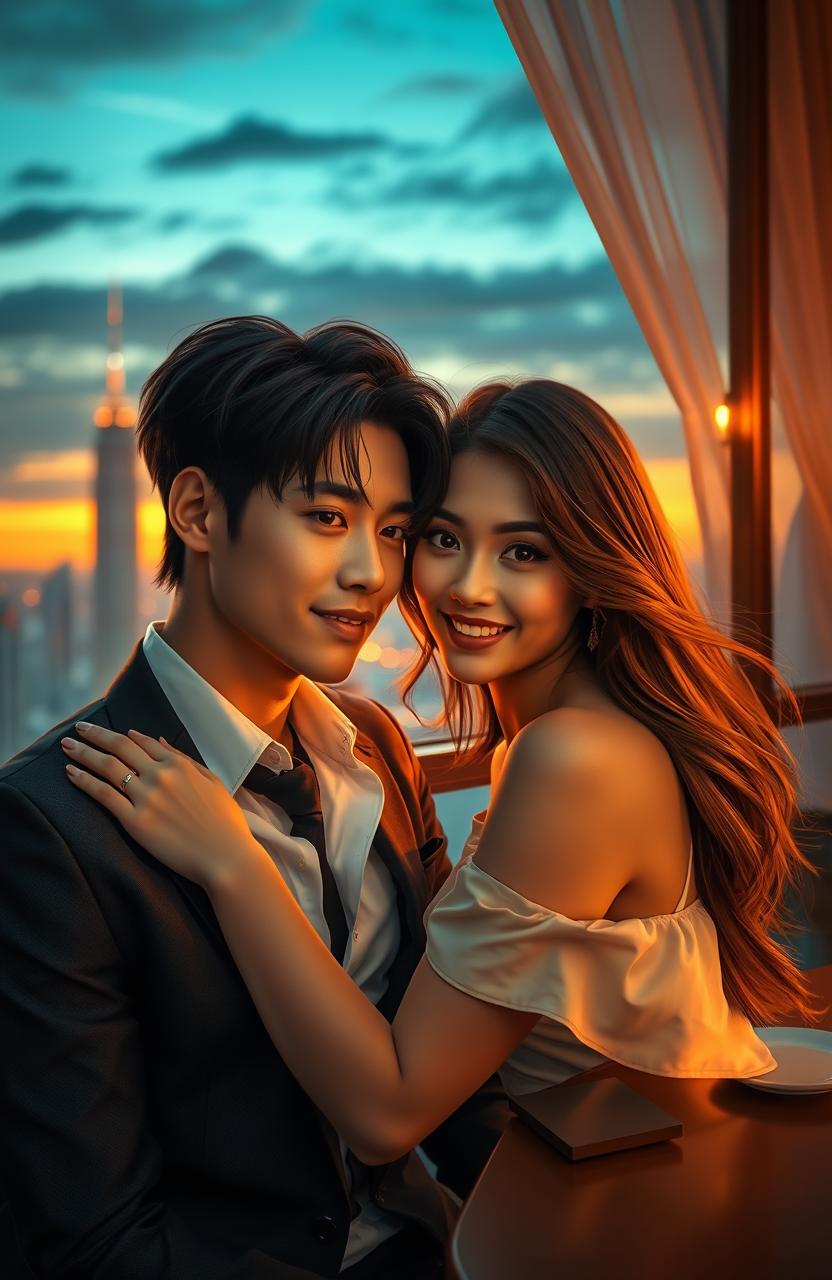 A dramatic and romantic scene depicting a love affair featuring a handsome, charismatic Asian man who resembles Jungkook from BTS, and a beautiful, stylish woman with long flowing hair and an enchanting smile