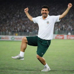 A lighthearted picture of Ali Daei, the famous Iranian footballer, dancing joyfully, expressing his charismatic personality and athletic agility