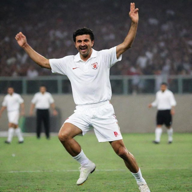 A lighthearted picture of Ali Daei, the famous Iranian footballer, dancing joyfully, expressing his charismatic personality and athletic agility