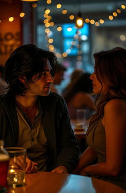 A romantic and dramatic scene depicting a handsome man with long black hair, dressed in stylish casual wear, sitting in a dimly lit café with a beautiful woman with wavy brown hair, wearing a chic dress