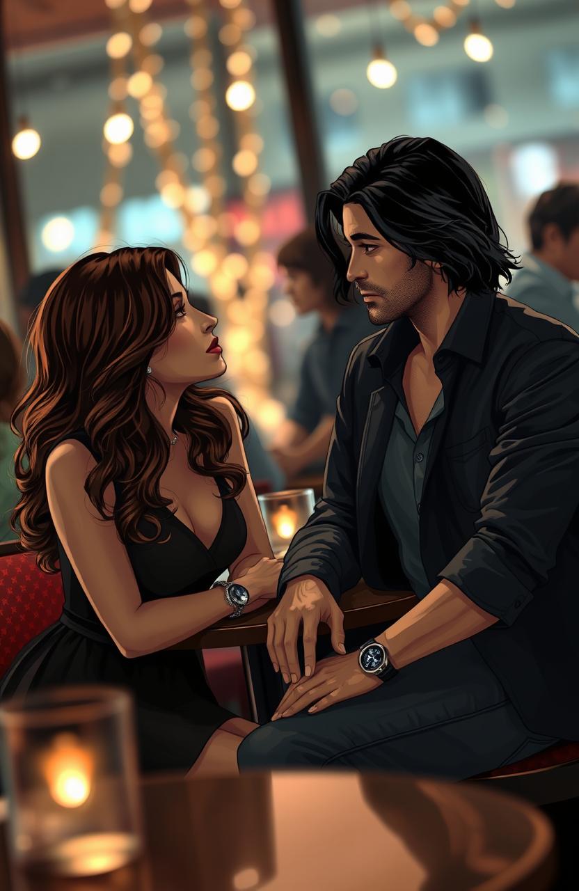 A romantic and dramatic scene depicting a handsome man with long black hair, dressed in stylish casual wear, sitting in a dimly lit café with a beautiful woman with wavy brown hair, wearing a chic dress