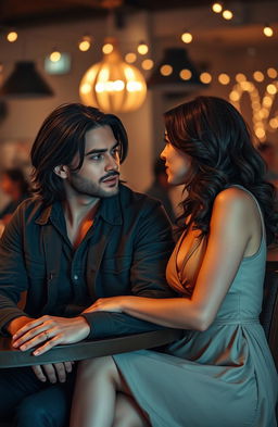 A romantic and dramatic scene depicting a handsome man with long black hair, dressed in stylish casual wear, sitting in a dimly lit café with a beautiful woman with wavy brown hair, wearing a chic dress