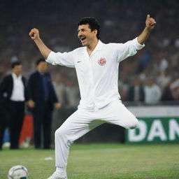 A lighthearted picture of Ali Daei, the famous Iranian footballer, dancing joyfully, expressing his charismatic personality and athletic agility