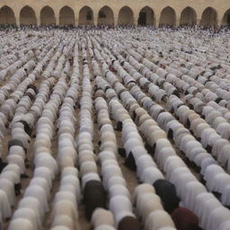 A solemn scene showing a crowd of diverse individuals engaged in the worship of Salaat, alignment in perfect rows, a sense of unity and tranquility palpable