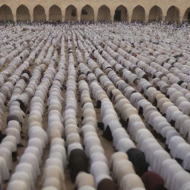 A solemn scene showing a crowd of diverse individuals engaged in the worship of Salaat, alignment in perfect rows, a sense of unity and tranquility palpable