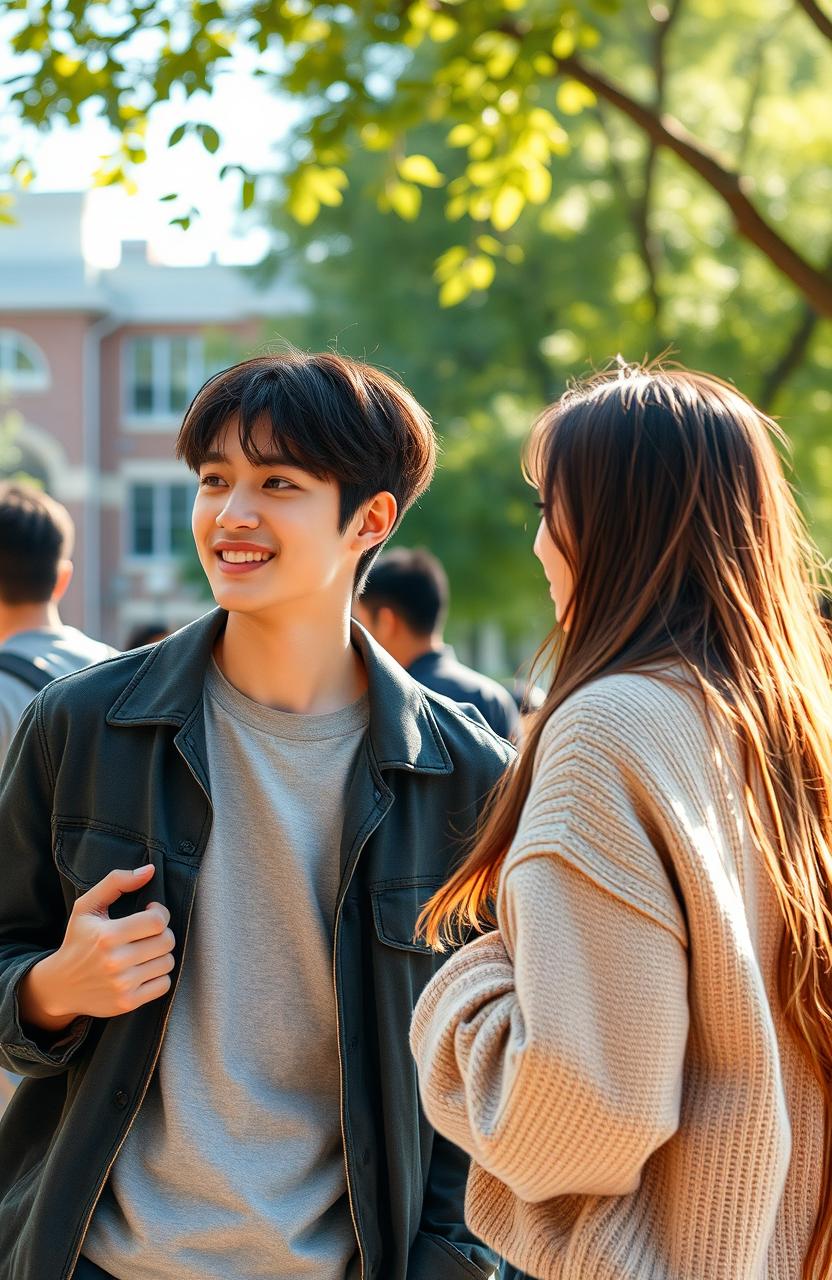 A cool college setting featuring Jungkook, a stylish young man with a charming smile, wearing casual yet trendy clothes, confidently interacting with friends